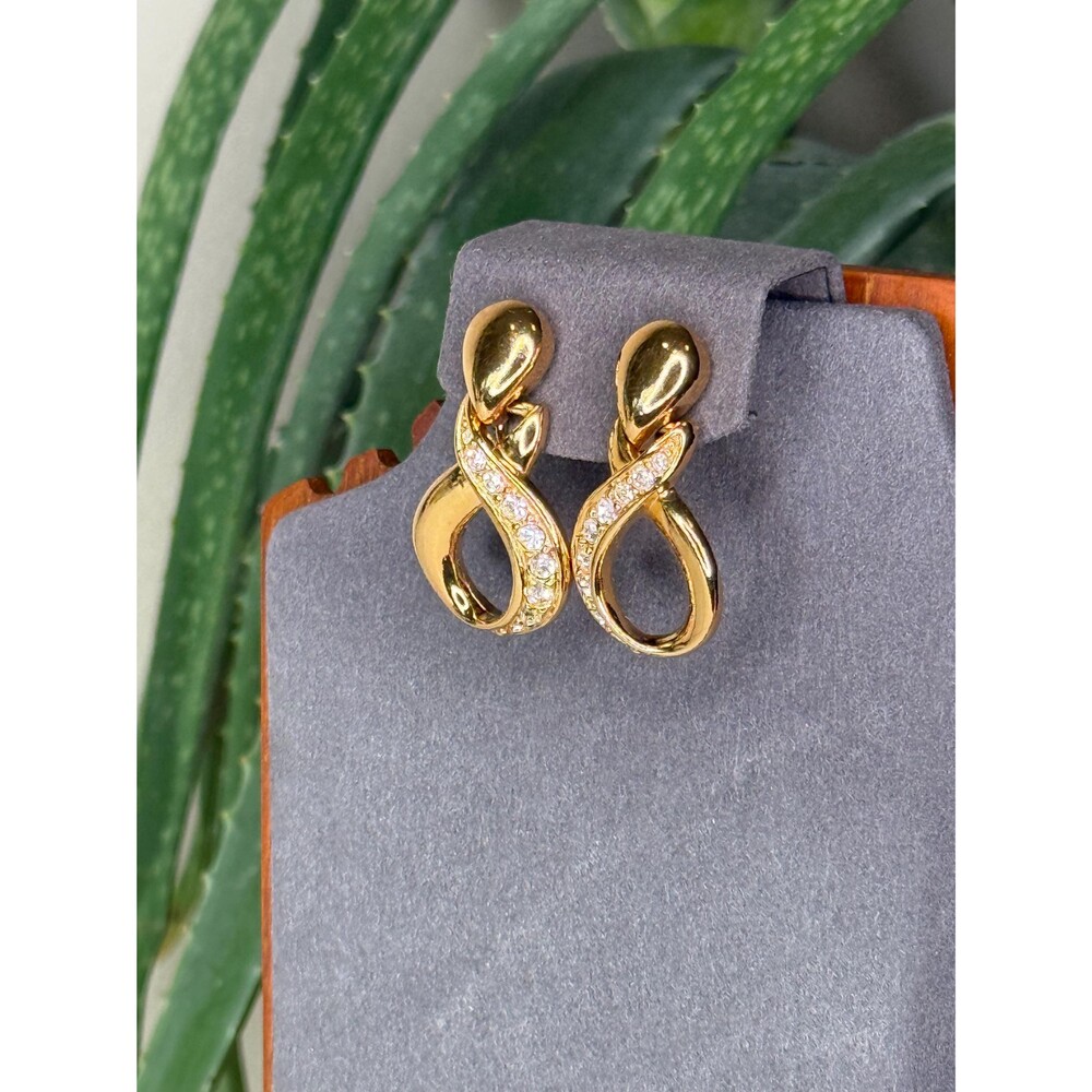 Vintage Gold Knot Earrings Sculptural Infinity Rhinestone 80s 90s Avon